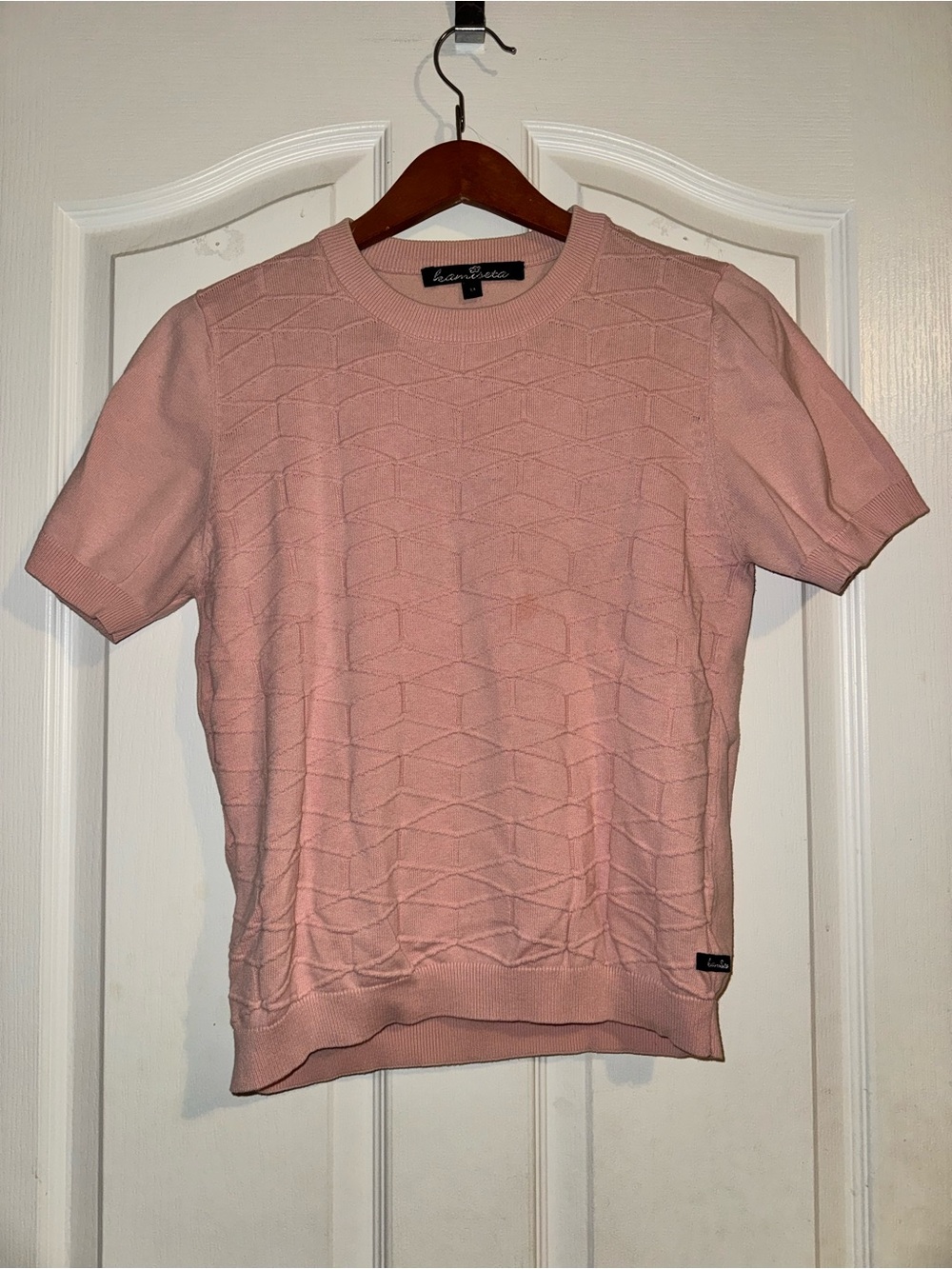 Kamiseta Pink Textured Short Sleeve Knit Sweater Top Size L For layering in Fall - Picture 9 of 11